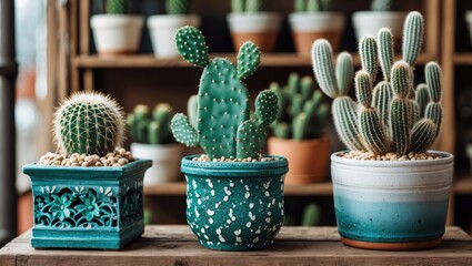 Aufkleber - Cactus planters with intricate turquoise and white designs positioned on a wooden table, surrounded by various potted cacti in a warm setting.