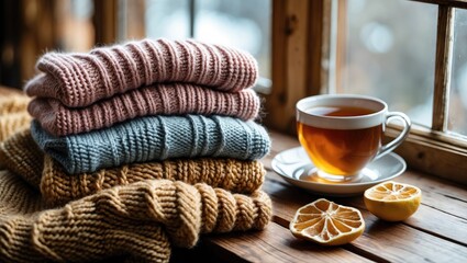 Poster - Cozy knitted sweaters in pastel colors stacked beside a cup of amber tea and dried lemon slices on a rustic wooden surface near a window.