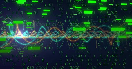 Poster - Animation of digital data processing with binary code and colorful waveforms