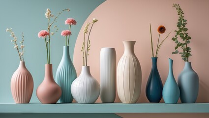 Aufkleber - pastel vases arranged on a teal shelf against a pink and mint backdrop showcasing various shapes and