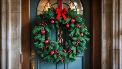Aufkleber - Festive Christmas wreath adorned with red bows and ornaments hanging on a dark green door with elegant glass paneling and wooden accents.