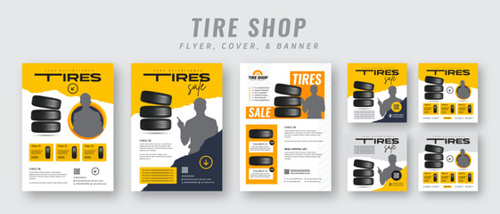 Wall Mural - tire shop flyer and banner bundle | car service promotion | auto repair advertising template | socia