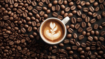 Poster - Aromatic coffee cup with latte art centered in white mug on dark backdrop of scattered brown coffee beans creating a warm inviting setting