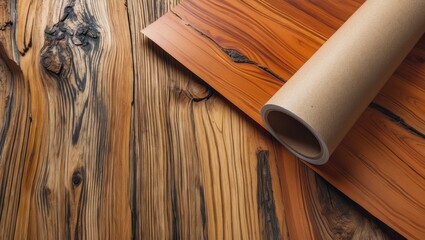 Aufkleber - Natural wood surface background with rolled craft paper and textured wooden planks in rich brown and tan tones arranged diagonally.