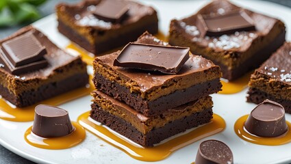 Poster - Vegan chocolate pumpkin brownies stacked on a white plate, drizzled with syrup, garnished with chocolate slices, showcasing a rich dessert.