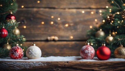 Aufkleber - Festive Christmas ornaments in red, white, and gold arranged on a snow-dusted wooden surface with evergreen branches and warm fairy lights in background.