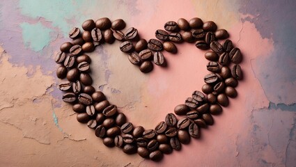 Poster - Heart-shaped arrangement of coffee beans on a textured pastel background featuring shades of pink and blue, centered for a focused composition.