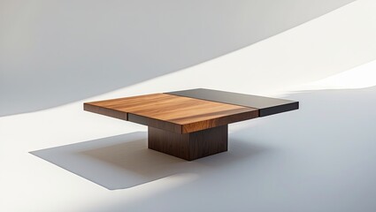 Aufkleber - Contemporary coffee table with wooden top and dark base positioned diagonally on a white background, illuminated by soft sunlight shadows.