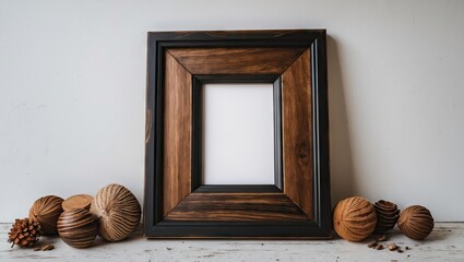 Aufkleber - Elegant brown and black wooden photo frame centered against a bright white background with rustic decorative wooden spheres beside it.