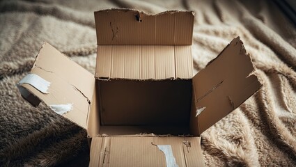 Wall Mural - cardboard box opened wide on textured beige carpet, showcasing a home moving concept with ample copy