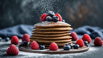 Poster - Stacks of fluffy pancakes topped with powdered sugar and mixed berries, including raspberries and blueberries, on a dark textured background.