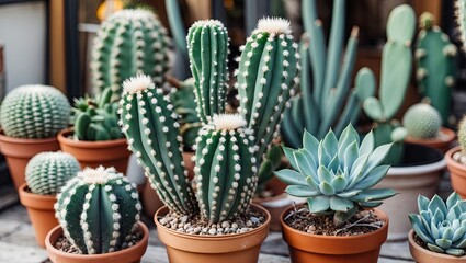 Aufkleber - Cacti arrangement in terracotta pots with green spiky cactus varieties on a table against a blurred background of succulent plants and greenery