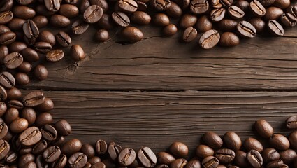 Poster - Coffee beans spread across a dark wooden surface creating a natural frame with ample blank space in the center for text or graphic design.