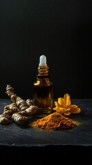 Poster - Aromatic oils next to turmeric powder, ideal for wellness and self-care