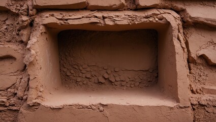 Aufkleber - Clay wall texture featuring an uneven rectangular hollow, warm earthy tones of brown and tan, showcasing rustic, weathered surface details.