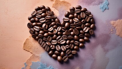Poster - Coffee beans forming a heart shape on a pastel textured background with light blue and beige tones, creating a warm and inviting atmosphere.