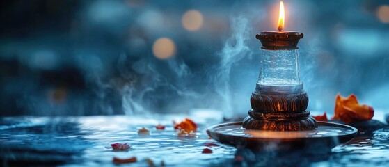 Aufkleber - A lit candle sits on a metal plate, providing warm light