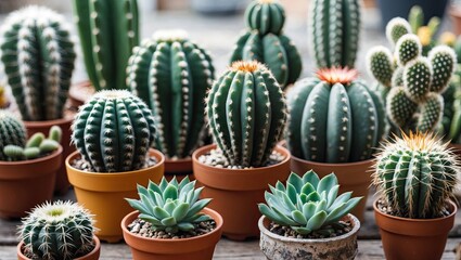 Aufkleber - Diverse collection of cacti and succulents in terracotta pots arranged on a wooden table showcasing various green hues and spiky textures.