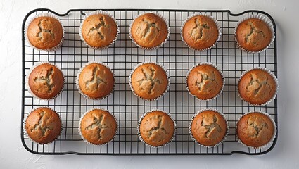Poster - Cooling rack filled with freshly baked golden muffins arranged in four rows on a white background with ample copyspace for text above and below.
