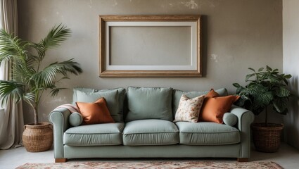 Poster - Cozy light green sofa with orange and patterned cushions against a textured beige wall with a large empty ornate frame and indoor plants.