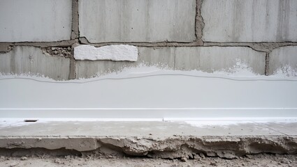 Poster - White-coated concrete wall surface after primer application with a smooth line at the bottom and rough texture above, showcasing construction details.