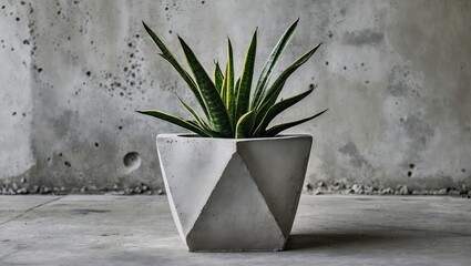 Poster - Geometric concrete planter with lush green succulent positioned centrally against a textured gray concrete wall, enhancing modern interior decor aesthetics.