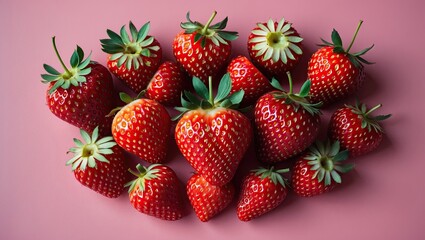 Poster - Fresh vibrant red strawberries artistically arranged on a soft pink background in a flat lay composition showcasing their natural details.