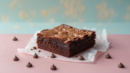 Poster - Rich chocolate brownie cake on light pastel backdrop, positioned on white parchment with chocolate chips scattered around, creating a delicious scene.