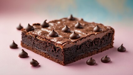 Poster - Chocolate brownie cake topped with chocolate chips placed on a light pastel pink and blue background with scattered chocolate chips around.