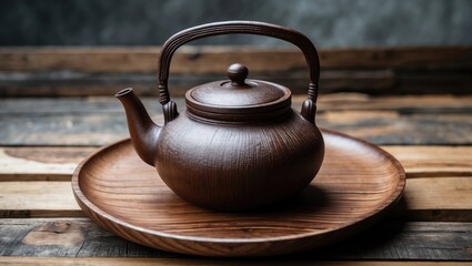 Aufkleber - Brown wooden teapot with elegant handle sitting centrally on a round wooden plate against a rustic wooden background with soft shadows.
