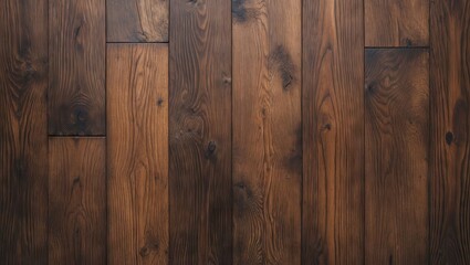 Poster - Dark brown wooden tabletop showcasing rich grain patterns and textures, arranged in a harmonious vertical layout, ideal for rustic-themed backgrounds.