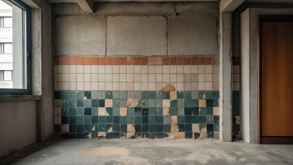 Poster - Worn-out tile wall in an apartment with a mix of green and beige tiles near a window and wooden door in a modern concrete interior.