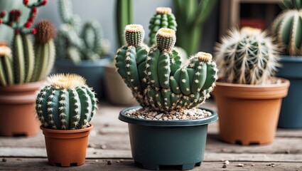 Aufkleber - Cactus arrangement in terracotta and green pots showcasing vibrant green spines on a wooden surface vibrant garden and interior decor elements