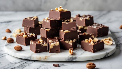 Poster - Chocolate fudge cubes with nuts stacked on a round marble tray, dark brown fudge against a light grey marble surface, ample copy space for text or design.