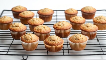 Poster - Cooling rack with golden muffins arranged on a black metal rack against a bright white background with ample copyspace for text or branding.
