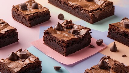 Poster - Delicious chocolate brownie slices arranged artfully on pastel-colored backgrounds featuring light pink and blue tones with dark chocolate chips.