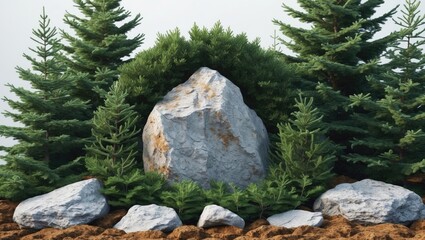 Poster - Lush green coniferous trees frame a large textured boulder surrounded by smaller rocks on earthy brown soil, creating a serene nature scene.