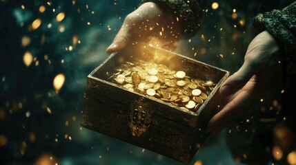 Poster - A person holds a wooden box filled with gold coins, a valuable treasure