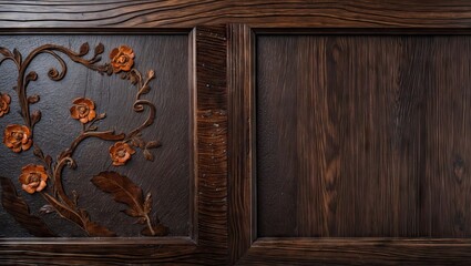 Poster - Dark brown wood veneer panel featuring intricate floral carvings in deep red tones positioned on the left against a smooth brown backdrop on the right.