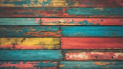 Aufkleber - Colorful vintage wooden wall texture featuring blue, yellow, and red stripes with a worn, weathered appearance for a rustic background.