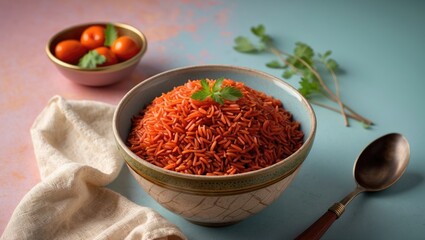 Poster - Cooked red rice in a textured bowl on a pastel blue background garnished with a cilantro leaf alongside cherry tomatoes and a spoon on white cloth.