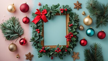 Aufkleber - Christmas wreath frame with red and gold ornaments on a pastel blue and pink background, featuring green leaves and a red bow.