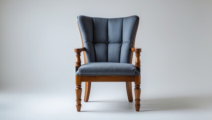 Poster - Stylish wooden chair with gray fabric upholstery centrally positioned against a bright white background showcasing elegant design and texture.