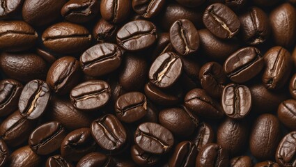 Poster - Close-up of dark roasted coffee beans in rich brown tones arranged on a flat surface with ample negative space for text or design elements.