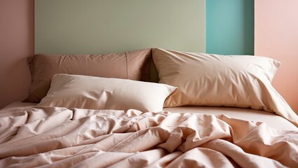 Poster - Elegant bedding sheets in warm beige tones neatly arranged on a plush bed, accented by pastel green and pink walls in soft lighting.