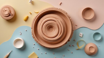 Aufkleber - Clay art composition featuring a central swirl of beige clay on a pastel pink and blue background with scattered art supplies.