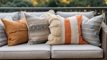 Aufkleber - Cozy assortment of patterned pillows in warm tones of orange and gray on a stylish outdoor patio couch against a blurred green background.