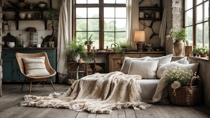 Aufkleber - Cozy rustic living room with a light beige blanket on a sofa, green plants, wooden furniture, soft natural light through large windows.