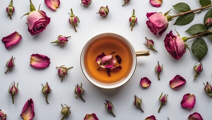Poster - Cup of tea surrounded by scattered pink rose buds and petals on a light background, showcasing delicate floral arrangement and soothing colors.
