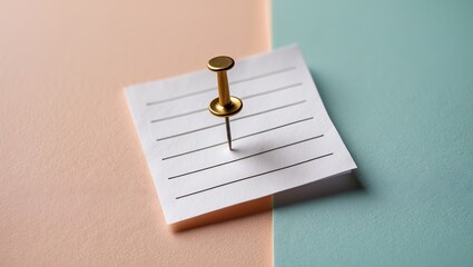 Poster - Close-up of a white note paper with lines and a gold push pin on a split pastel background with mint green and peach colors